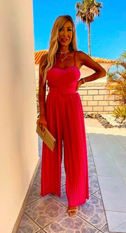 Candy Pink Plisse Pleat Buckle Belt Wide Leg Jumpsuit