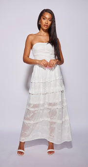 White Embroidered Tiered Bandeau Maxi Dress