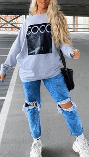 Grey Slogan Print Oversized Sweatshirt