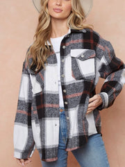 Blushed Flannel Plaid Lapel Long Sleeve Button Down Shacket