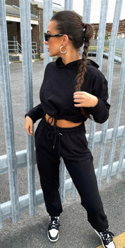 Black Cropped Hoodie & Jogger Lounge Set