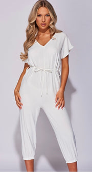 White Short Sleeve Tie Waist Jumpsuit