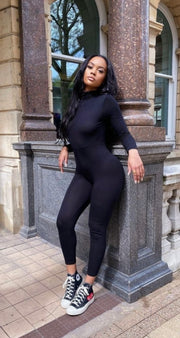 Black High Neck Long Sleeve Jumpsuit