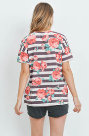 Floral Stripes Top & Shorts Set with Self Tie Ruby/Red/Charcoal