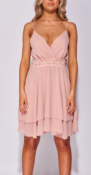 Pink Lace Trim Layered Hem Strappy Mini Dress