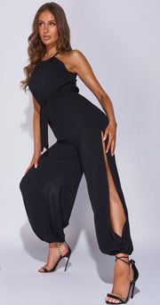 Black Halterneck Side Split Belted Jumpsuit