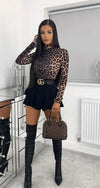 Leopard Print High Neck Long Sleeve Bodysuit