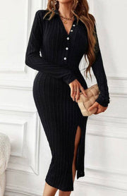 V Neck Solid Bodycon Split Long Dress