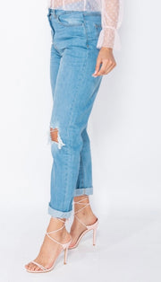 Light Blue Distressed Turn Up Hem Boyfriend Jeans