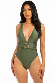 Fancy Square Buckle One Piece Swimsuit